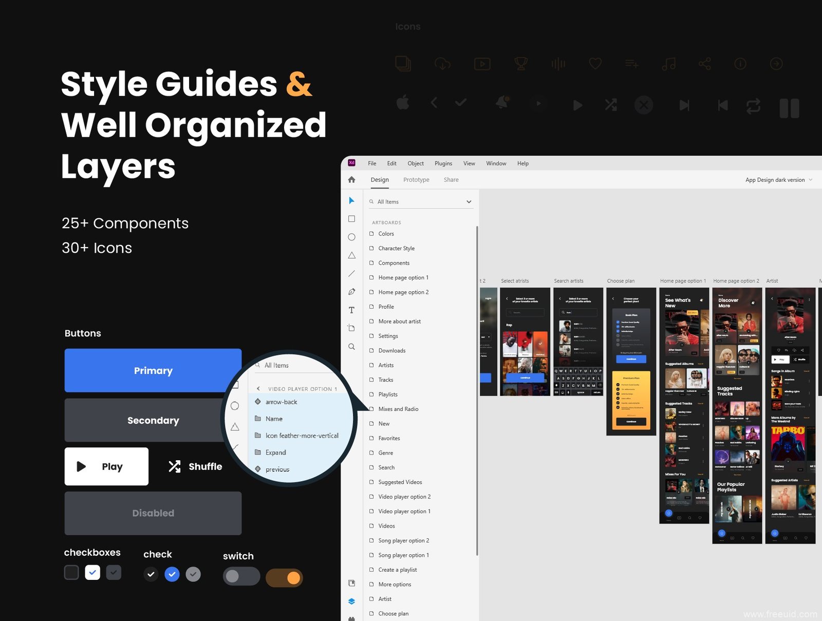 Dark Music Player UI Kit - XD Source File #8958
