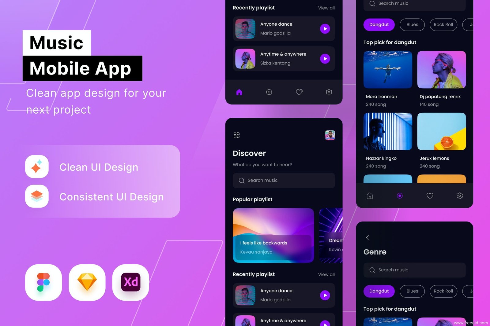 Dark Music Player UI Kit - Figma Sketch XD Source File #9403