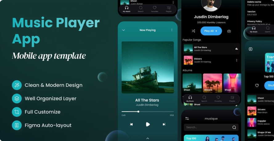 Dark Music Player UI Kit - PSD Source File #8558